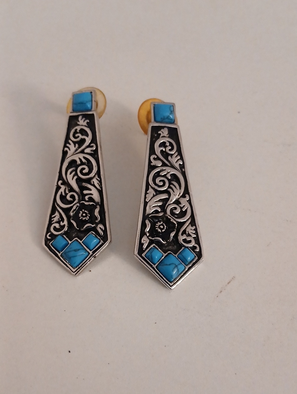 Silver Tone-Style Black & Turquoise Floral Drop Earrings - Unbranded
